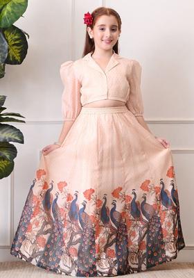 Peach Printed Silk Lehenga Set For Girls