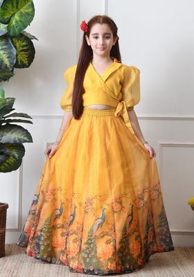Yellow Solid Organza Lehenga Set For Girls
