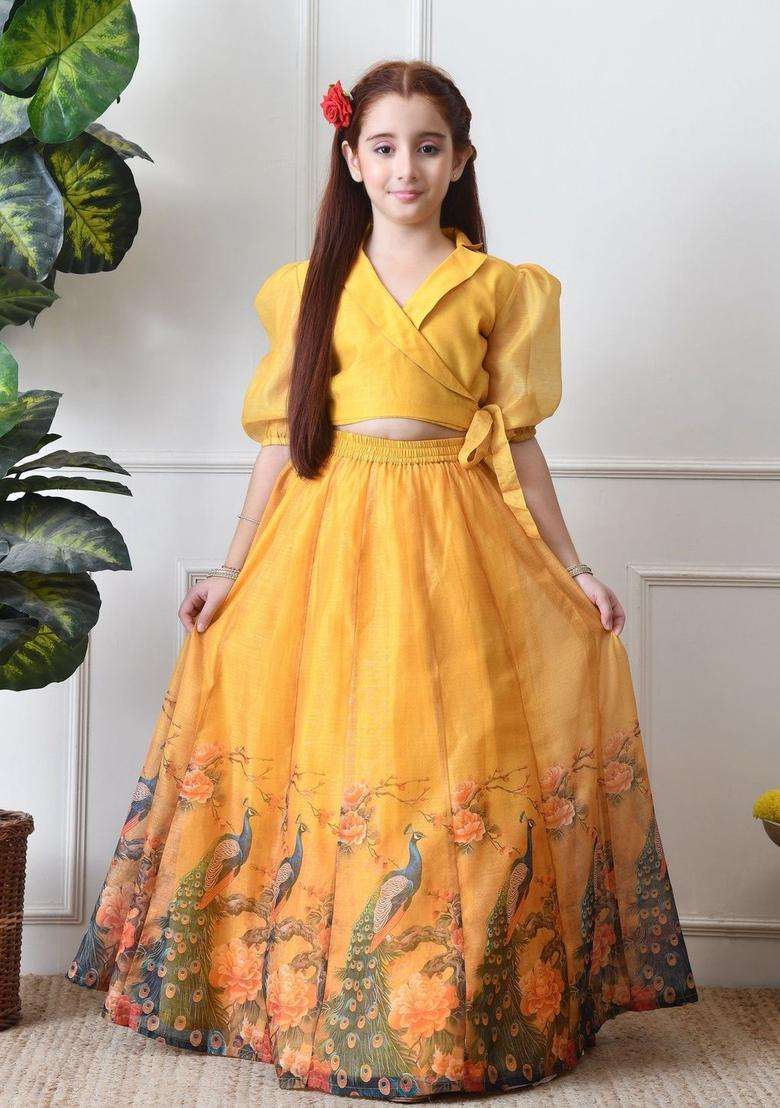 Yellow Solid Organza Lehenga Set For Girls - Indya