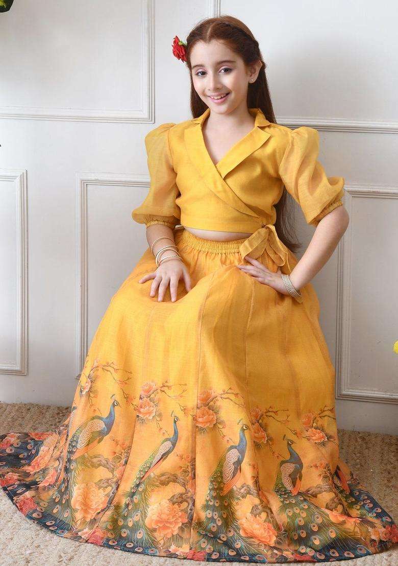 Yellow Solid Organza Lehenga Set For Girls - Indya