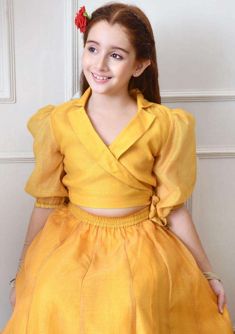Yellow Solid Organza Lehenga Set For Girls - Indya