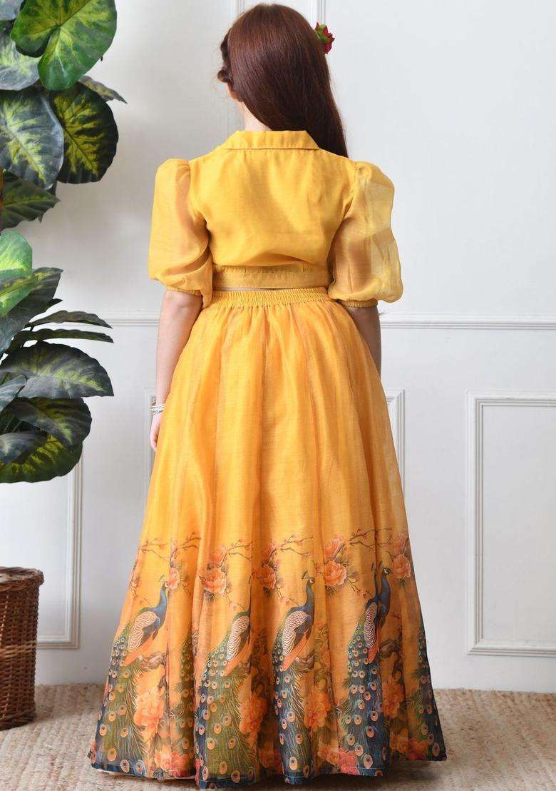 Yellow Solid Organza Lehenga Set For Girls - Indya
