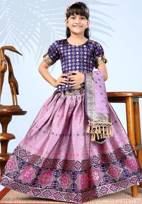 Purple Woven Design Silk Lehenga Set For Girls