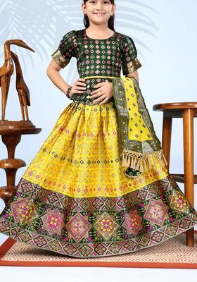 Green Woven Design Silk Lehenga Set For Girls