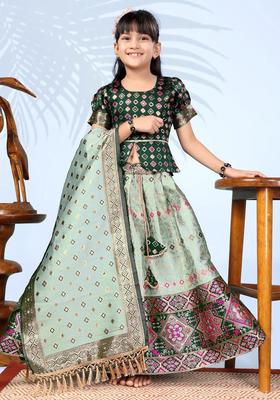 Green Woven Design Silk Lehenga Set For Girls