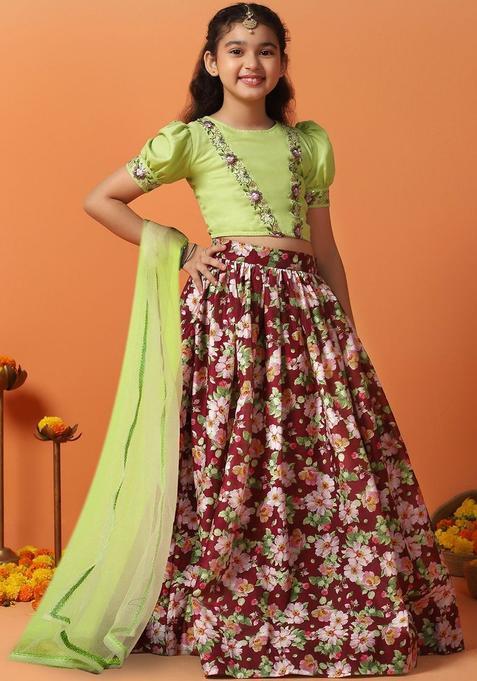 Maroon Embroidered Silk Lehenga Set For Girls — view on Indya