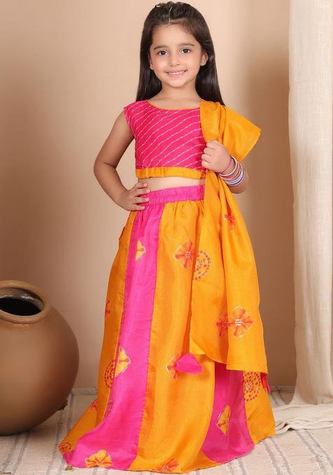 Yellow Printed Cotton Lehenga Set For Girls — view on Indya