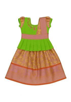 Green Embroidered Silk Lehenga Set For Girls