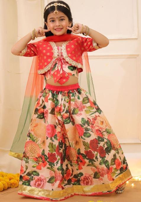 Peach Printed Silk Lehenga Set For Girls — view on Indya