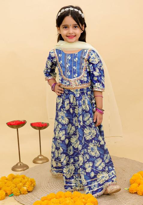 Blue Printed Cotton Lehenga Set For Girls — view on Indya