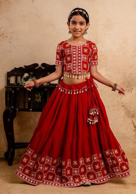 Maroon Embroidered Cotton Lehenga Set For Girls — view on Indya