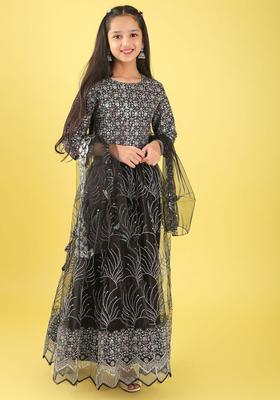 Black Embellished Net Lehenga Set For Girls