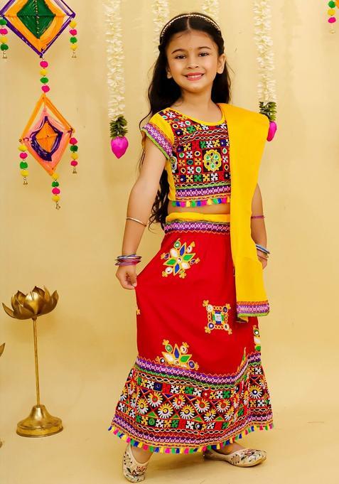Red Embroidered Cotton Lehenga Set For Girls — view on Indya