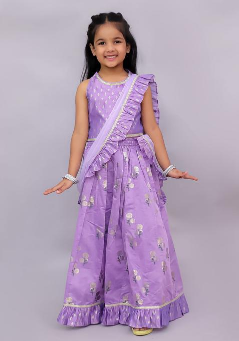 Purple Floral Cotton Lehenga Set For Girls — view on Indya