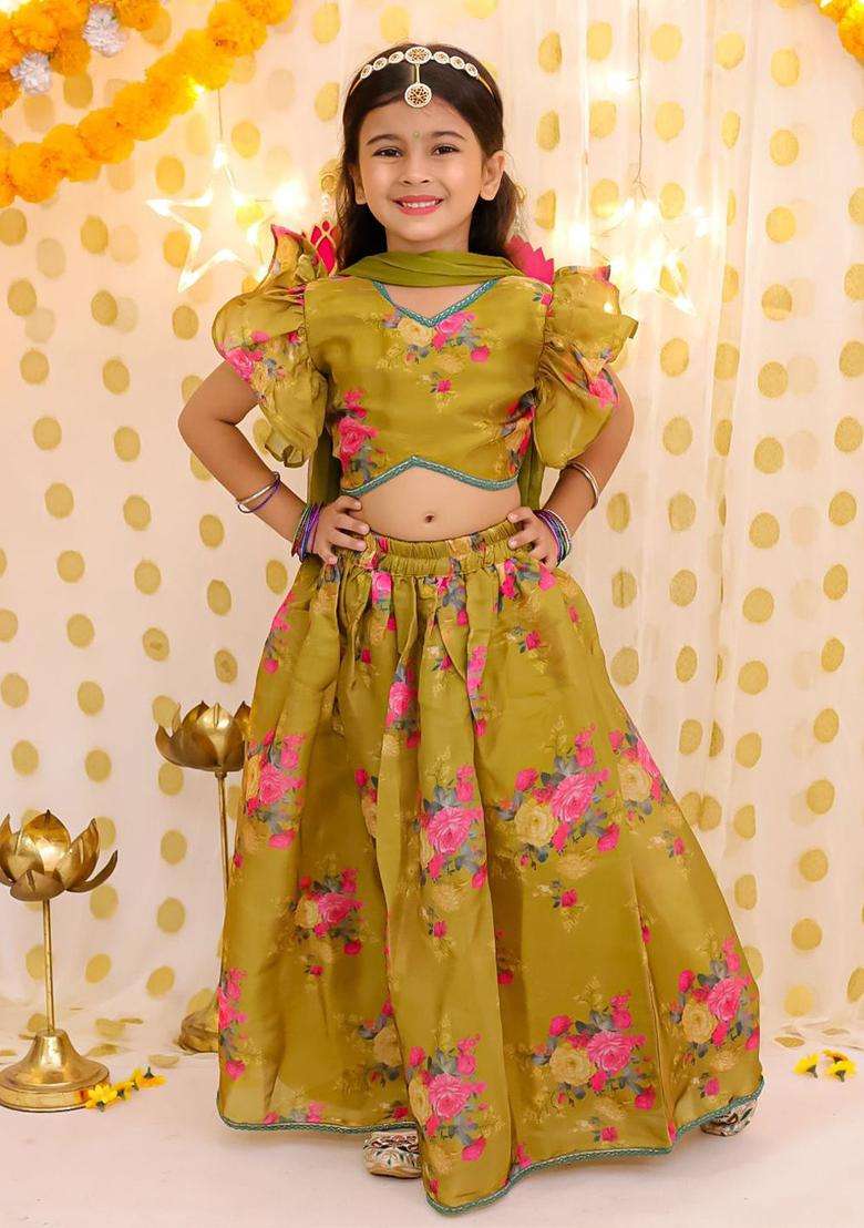 Yellow Printed Organza Lehenga Set For Girls - Indya