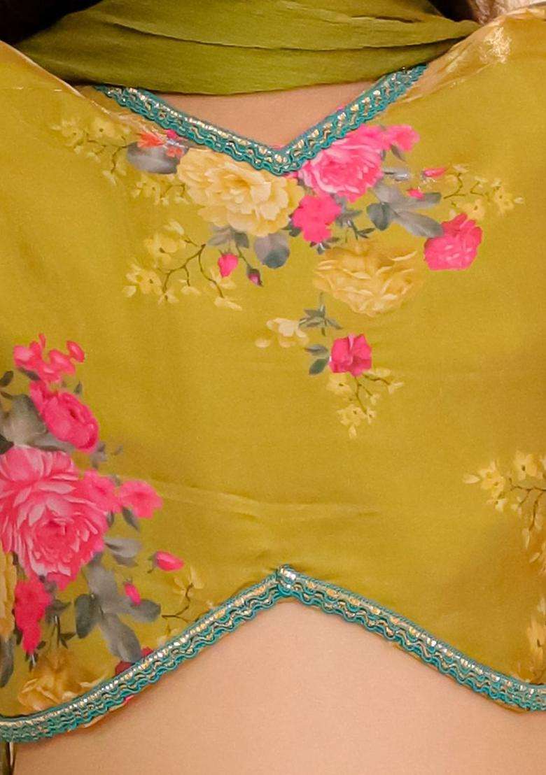 Yellow Printed Organza Lehenga Set For Girls - Indya