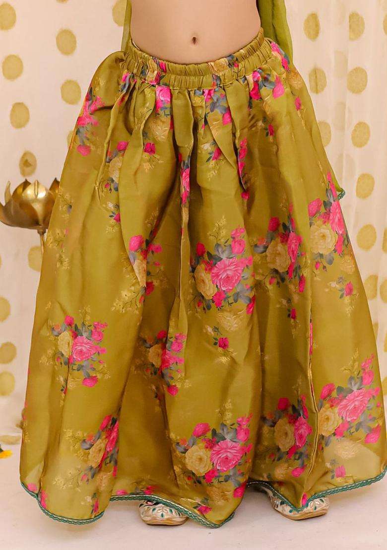 Yellow Printed Organza Lehenga Set For Girls - Indya