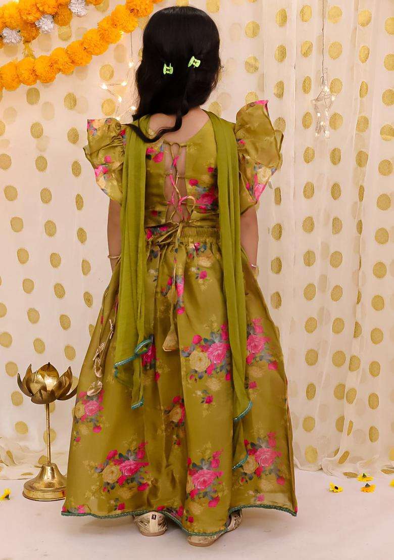 Yellow Printed Organza Lehenga Set For Girls - Indya