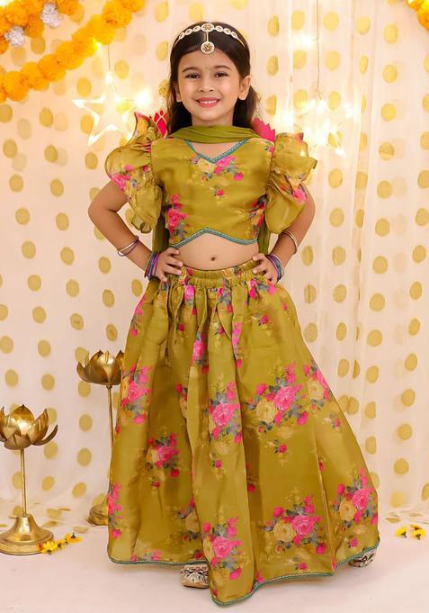 Yellow Printed Organza Lehenga Set For Girls — view on Indya