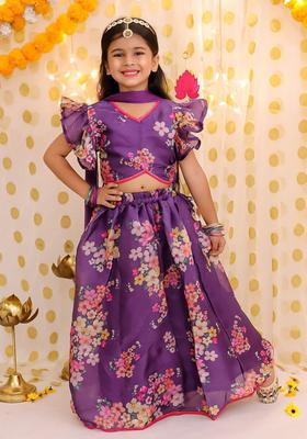 Purple Printed Organza Lehenga Set For Girls