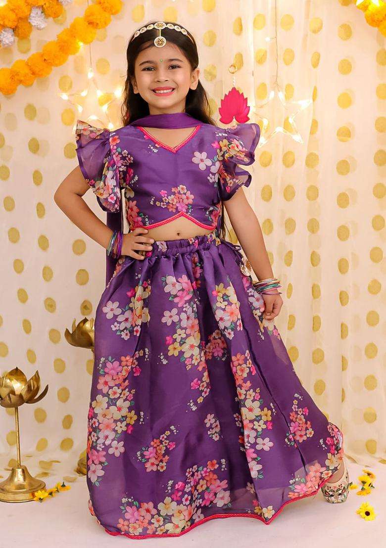 Purple Printed Organza Lehenga Set For Girls - Indya