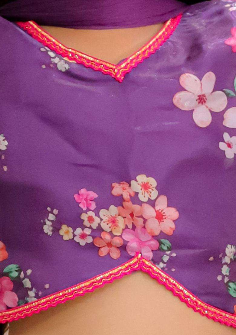 Purple Printed Organza Lehenga Set For Girls - Indya