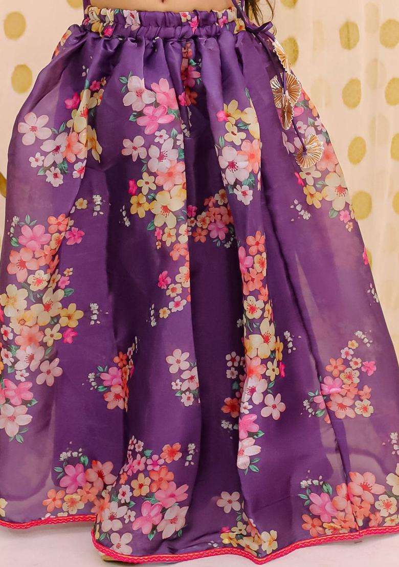 Purple Printed Organza Lehenga Set For Girls - Indya