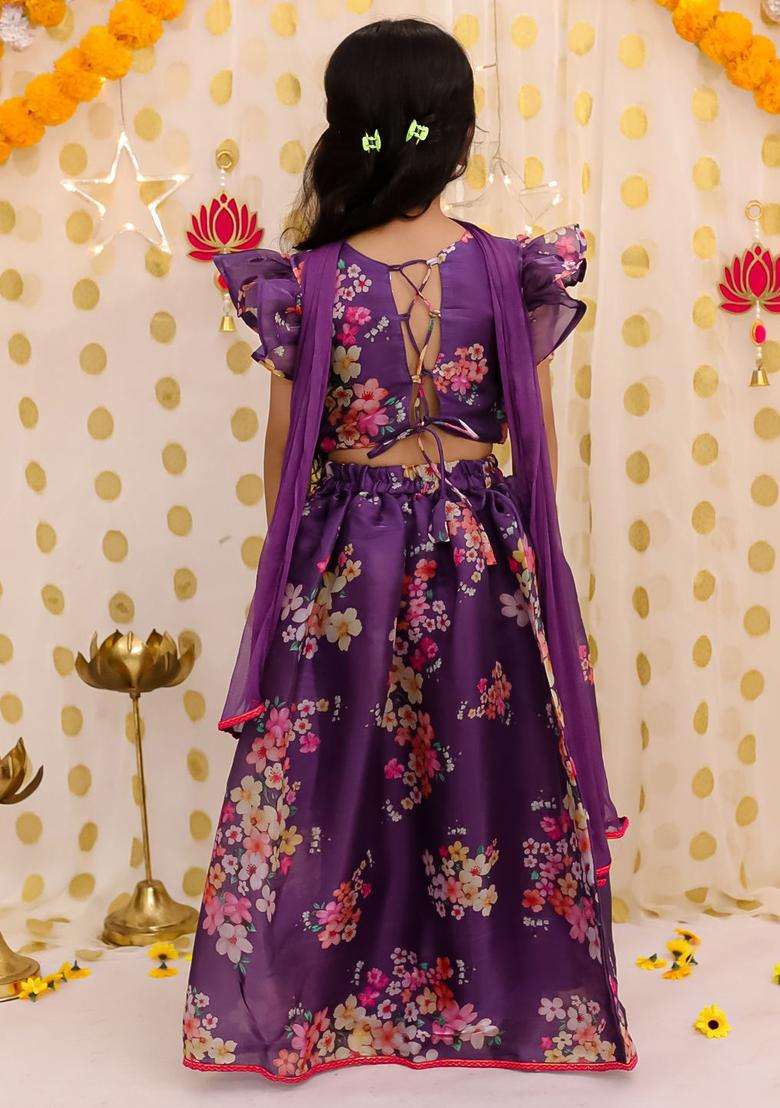Purple Printed Organza Lehenga Set For Girls - Indya