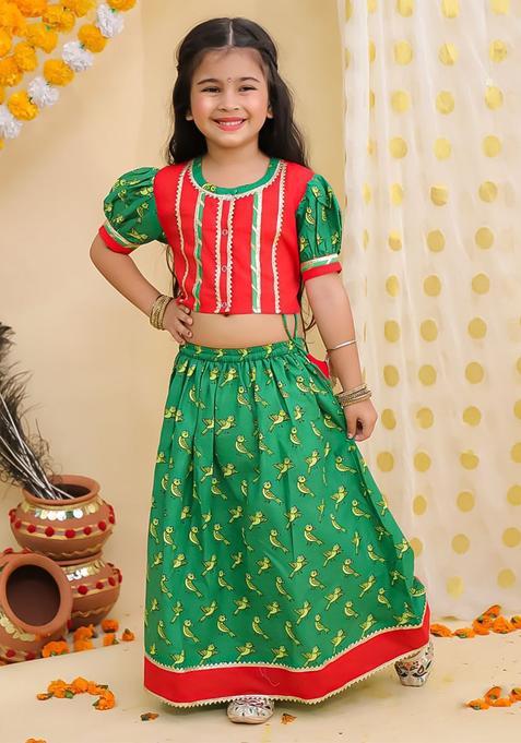 Red Woven Design Cotton Lehenga Set For Girls — view on Indya