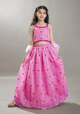 Pink Embroidered Silk Lehenga Set For Girls