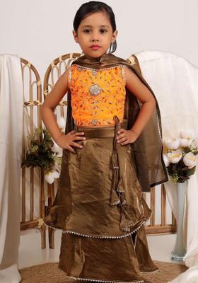 Orange Embroidered Organza Lehenga Set For Girls