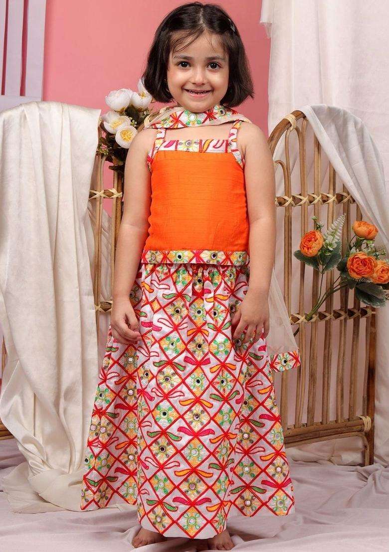 Orange Silk Lehenga Set For Girls - Indya