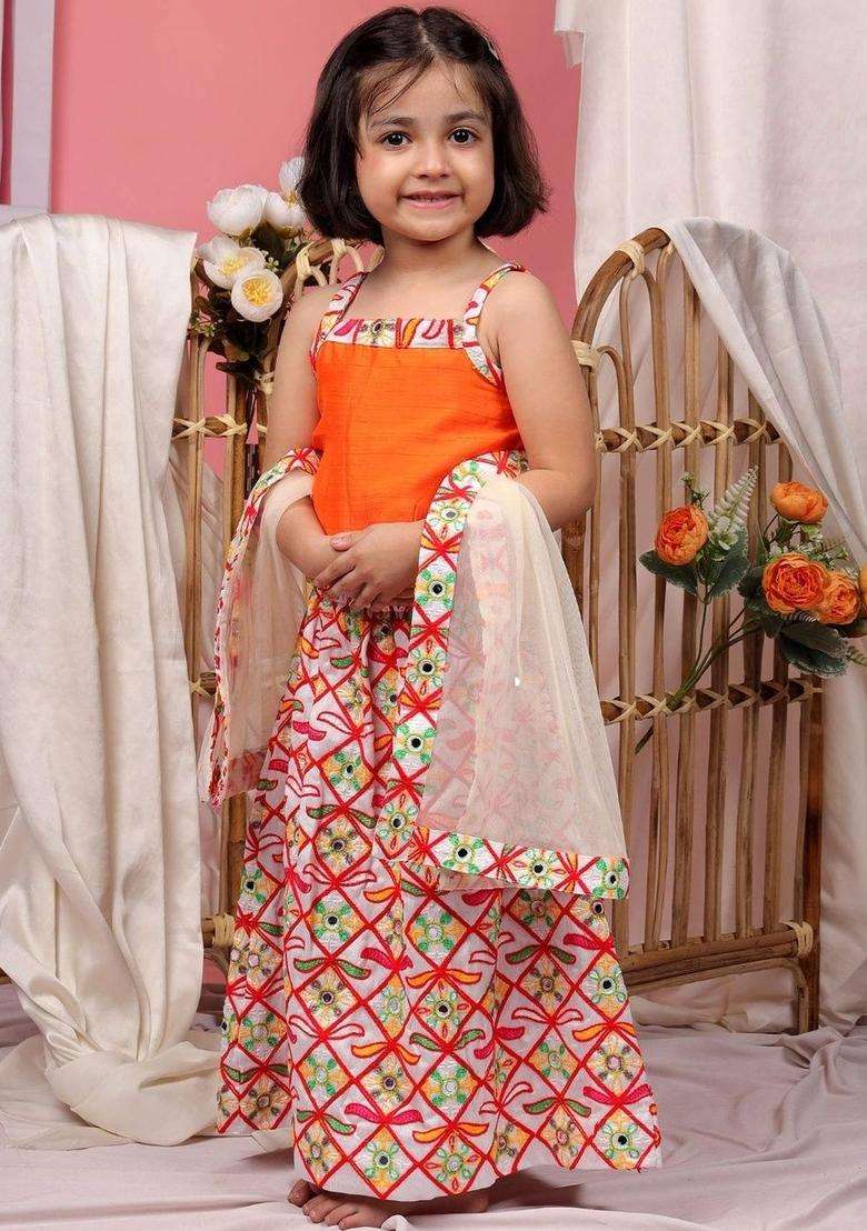 Orange Silk Lehenga Set For Girls - Indya