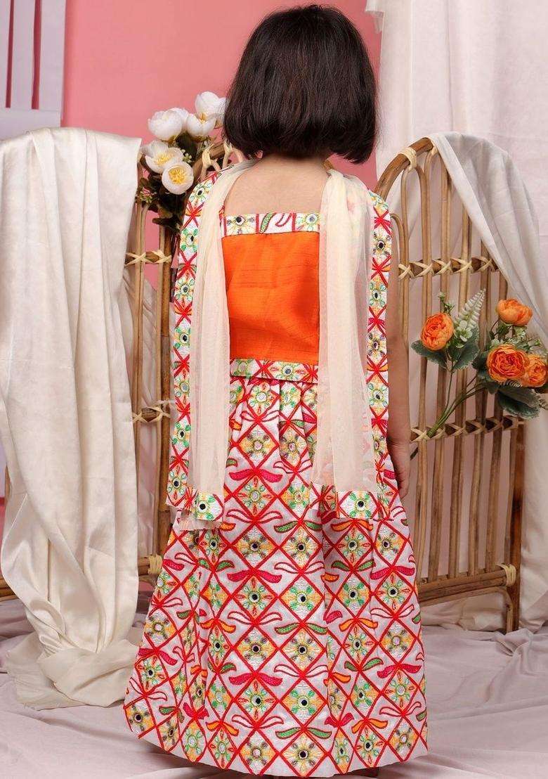 Orange Silk Lehenga Set For Girls - Indya