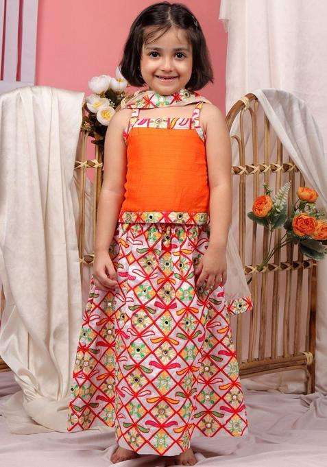 Orange Silk Lehenga Set For Girls