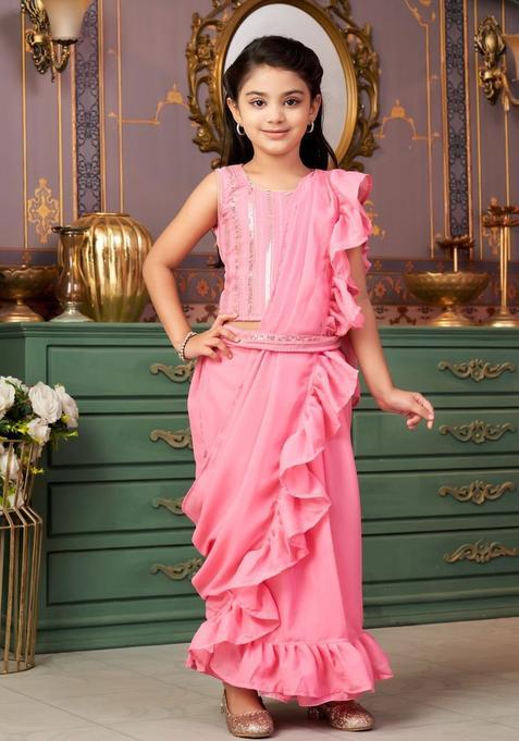 Pink Georgette Lehenga Set For Girls — view on Indya