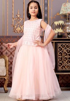 Peach Embroidered Net Lehenga Set For Girls
