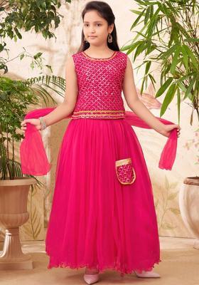 Pink Embellished Net Lehenga Set For Girls