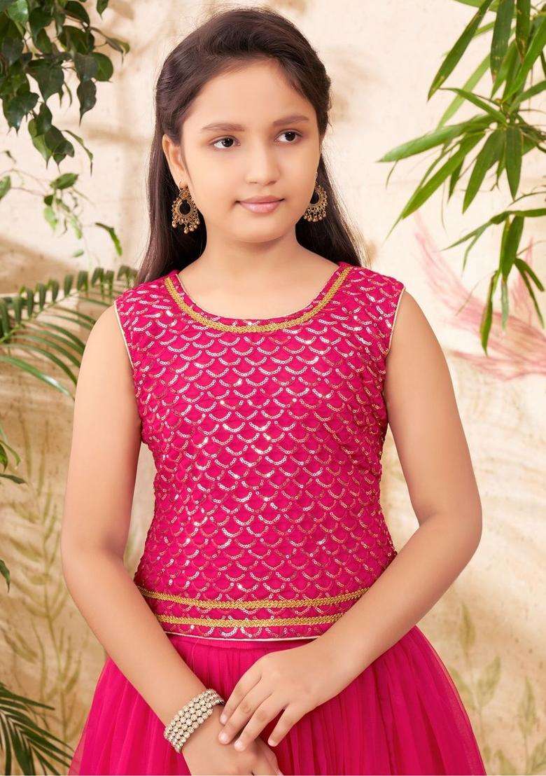 Pink Embellished Net Lehenga Set For Girls - Indya