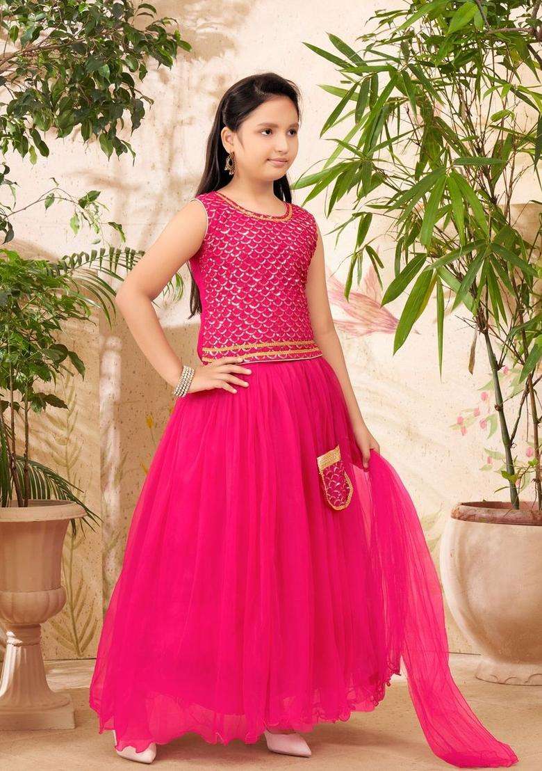 Pink Embellished Net Lehenga Set For Girls - Indya