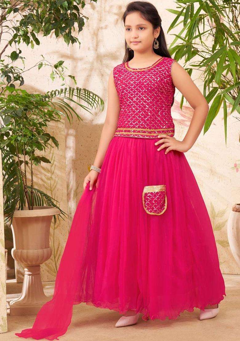Pink Embellished Net Lehenga Set For Girls - Indya