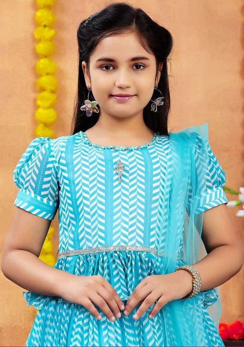 Blue Printed Georgette Lehenga Set For Girls - Indya