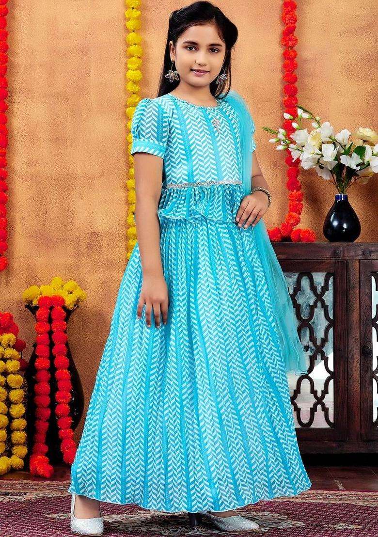 Blue Printed Georgette Lehenga Set For Girls - Indya