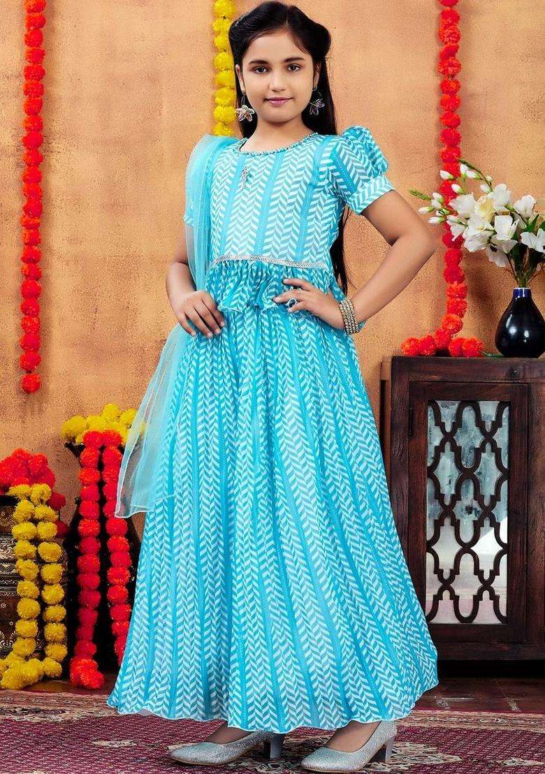 Blue Printed Georgette Lehenga Set For Girls - Indya