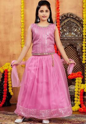 Pink Embellished Net Lehenga Set For Girls