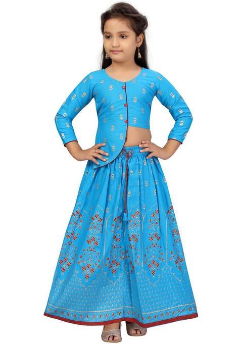 Blue Cotton Lehenga Set For Girls — view on Indya