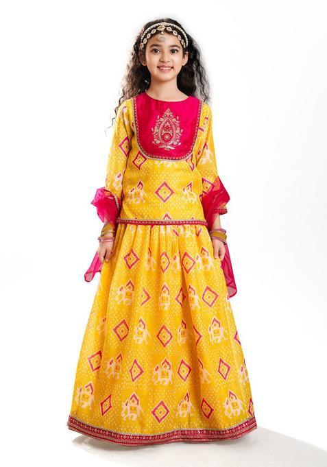 Yellow Printed Silk Lehenga Set For Girls — view on Indya