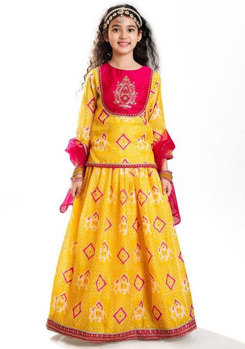 Yellow Printed Silk Lehenga Set For Girls — view on Indya