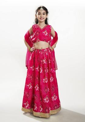Pink Embroidered Silk Lehenga Set For Girls