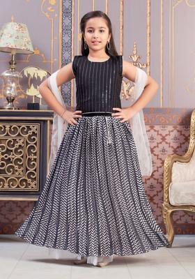 Black Embroidered Silk Lehenga Set For Girls